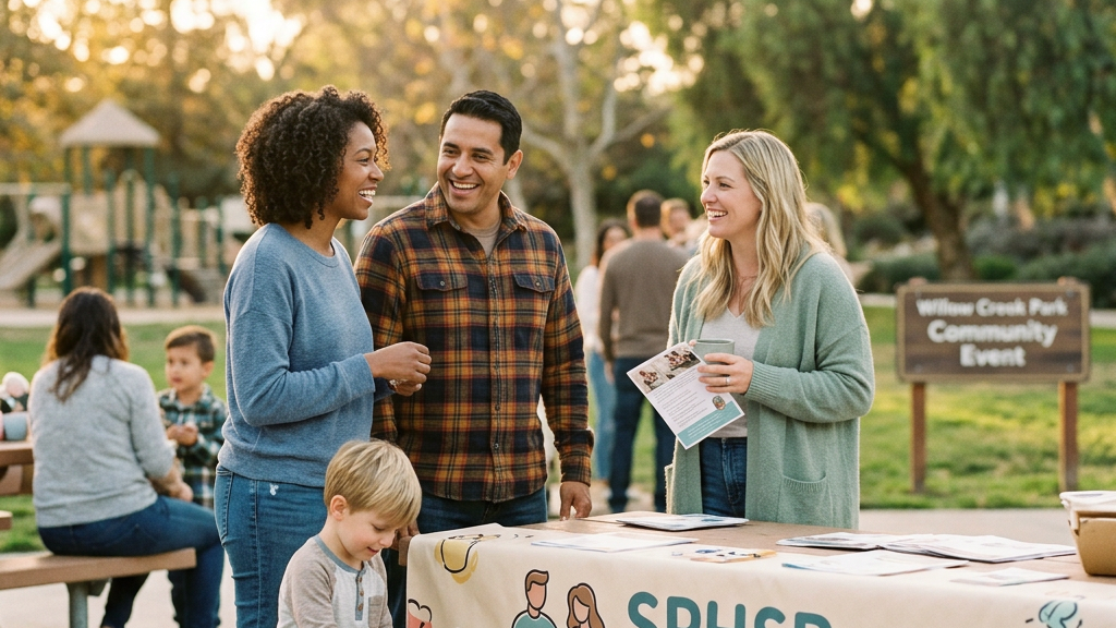 Adults talking at a table with SPHSP.com banner and child playing with toy train